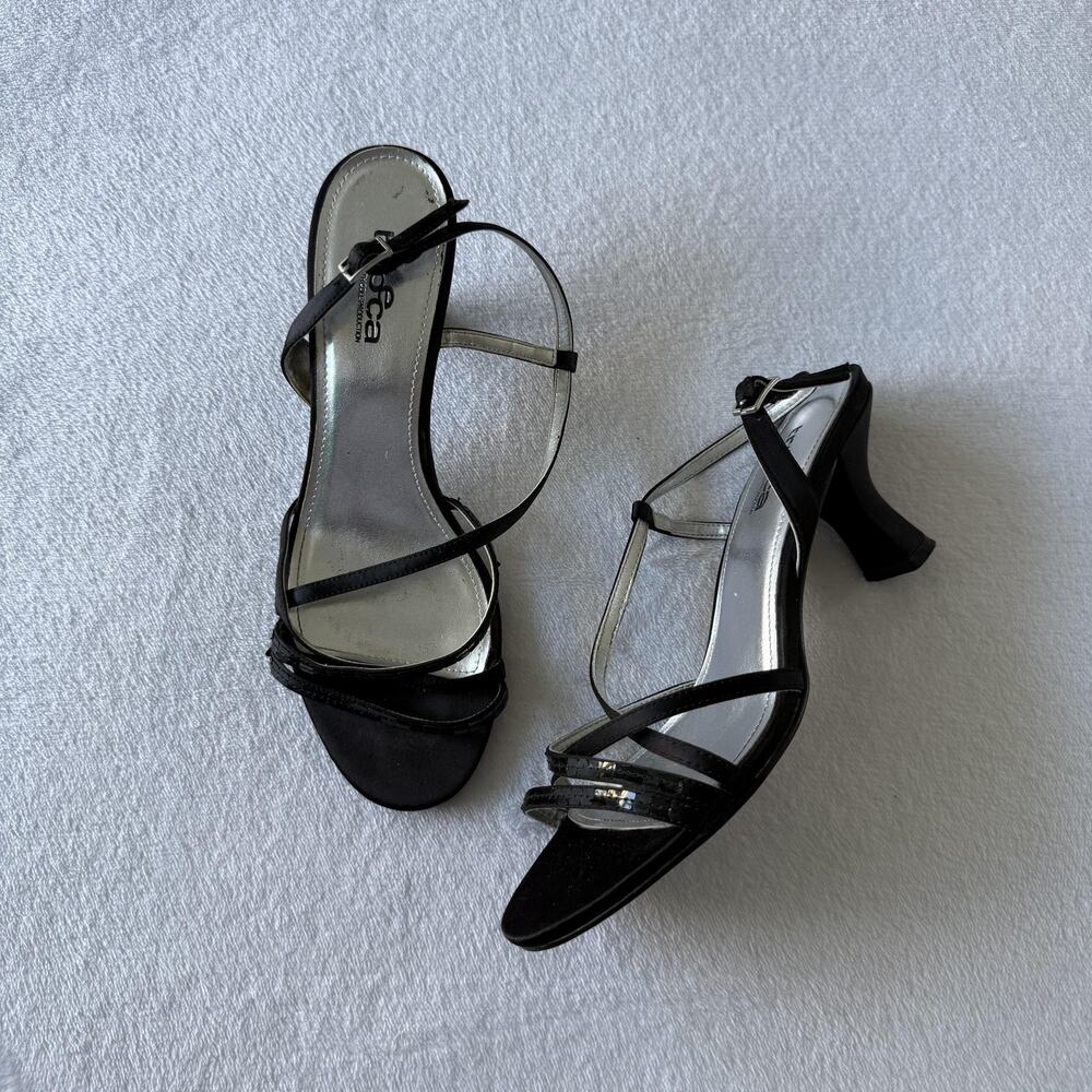 Tribeca Sandals Womens Size 7 Black Strappy Slingback Sequin Spool Heel Party